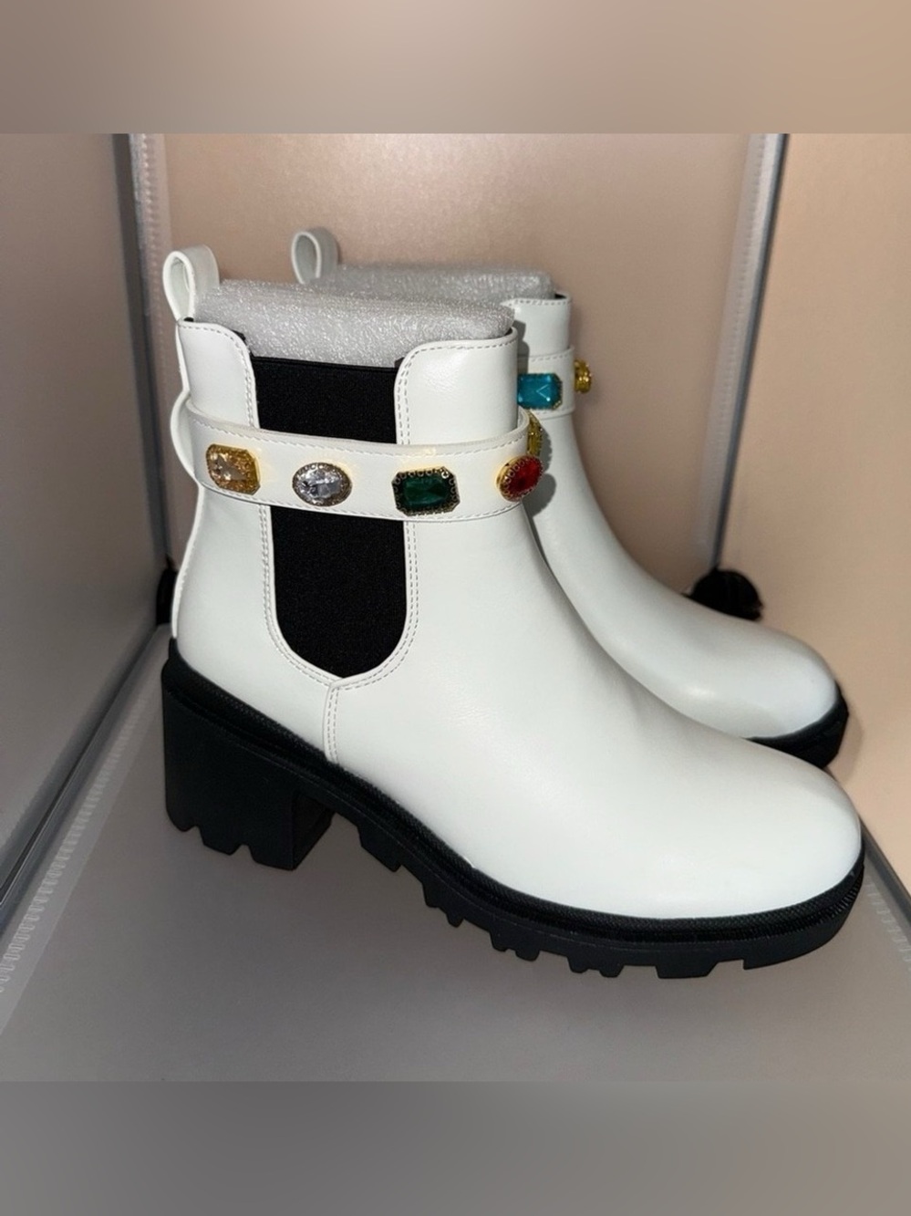 Forever Link Women's Chelsea Studded Strap Chunky Ankle Boot White Size 5.5